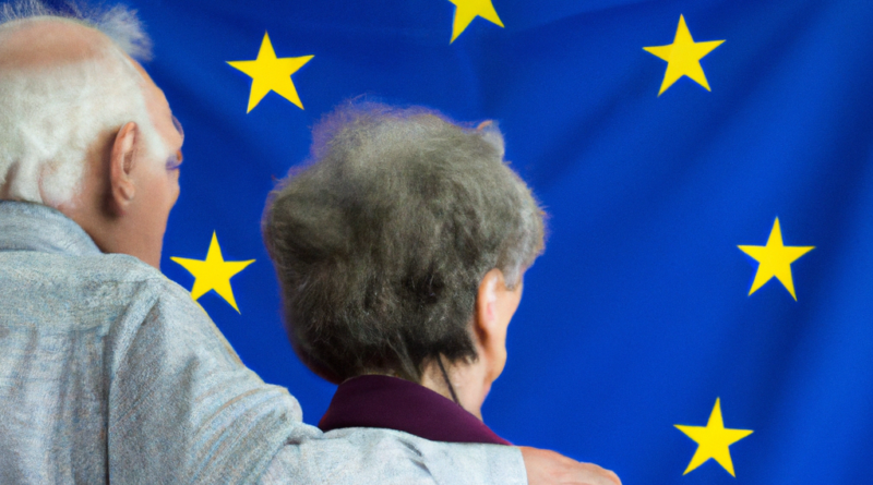 Photo d'un couple de retraités vue de dos face à un drapeau européen