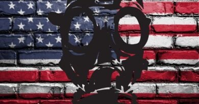 Composition graphique représentant une personne avec un masque à gaz sur un fond mural avec le drapeau américain permettant d'illustrer le thème des complots conspirations américains