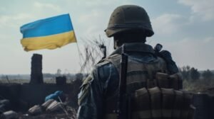Photo d'un soldat Ukrainien sur les débris de la guerre en Ukraine avec drapeau ukrainien