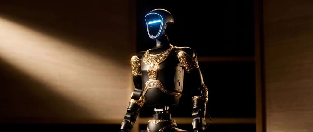 Robot humanoïde Aladdin de Caviar, orné d'arabesques dorées sur fond noir, basé sur le Unitree G1