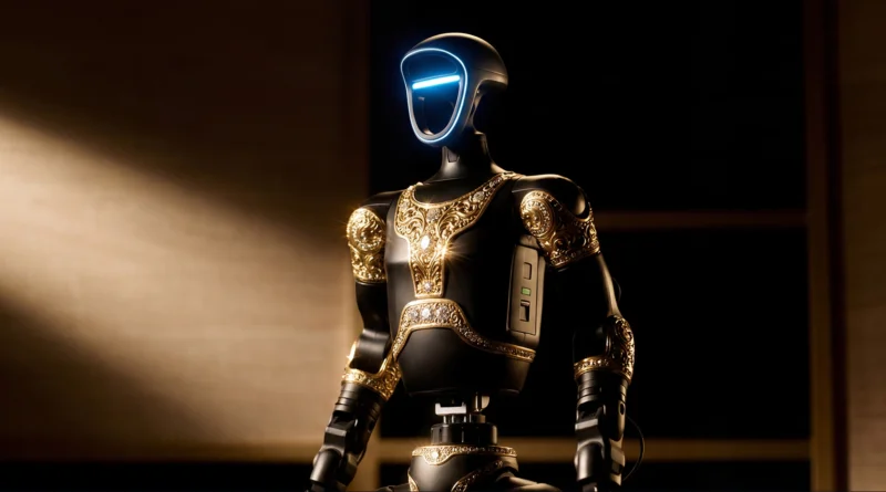 Robot humanoïde Aladdin de Caviar, orné d'arabesques dorées sur fond noir, basé sur le Unitree G1